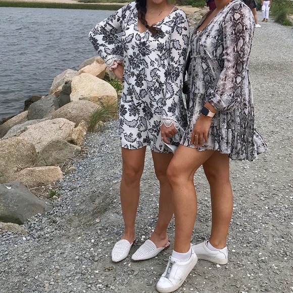 White Bohemian Dress with Black Floral Print - Picture 1 of 3